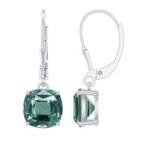 Rosec Jewels Cushion Shaped Created Green Sapphire Solitaire Drop Earrings for Women - 8 mm - AAA Quality - Lever Back, 18K White Gold