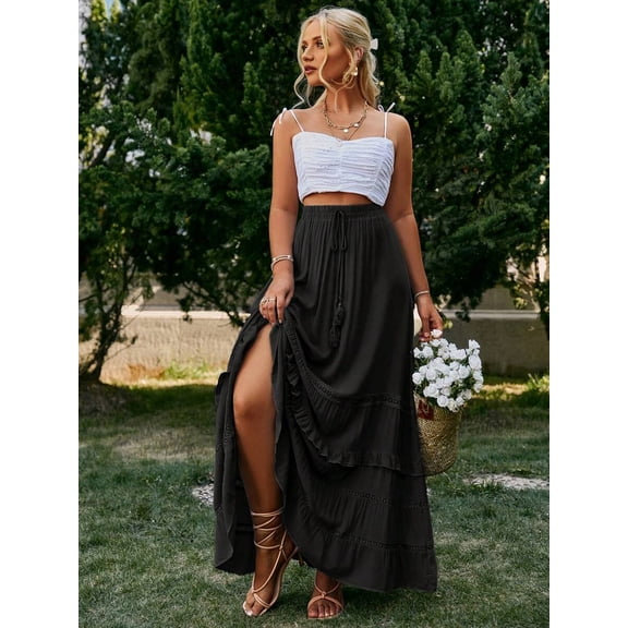 Black Womens Casual Vacation Western Style Ruffle Tiered Maxi Skirt With Side Slit