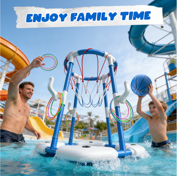 JoyStone 2-in-1 Floating Pool Basketball Hoops & Pool Ring Toss Game, Pool Basketball Toys with 3 Balls & 12 Rings, Inflatable Swimming Pool Toys for Toddlers