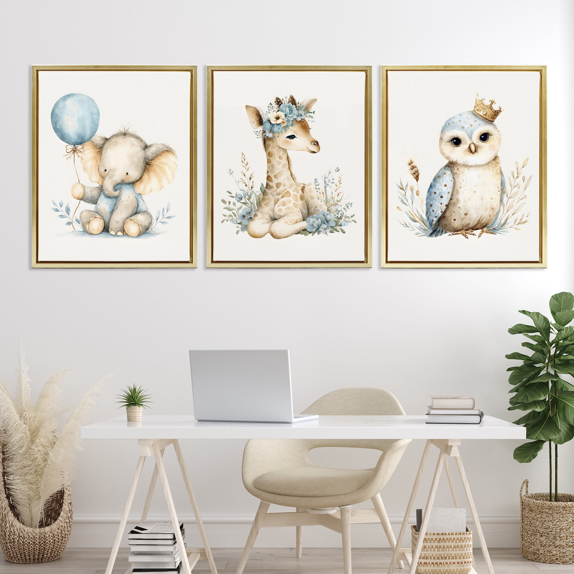 Stupell Industries Watercolor Nursery Animals 3 Piece Gold Framed Floater Canvas Set, design by LSR Design Studio