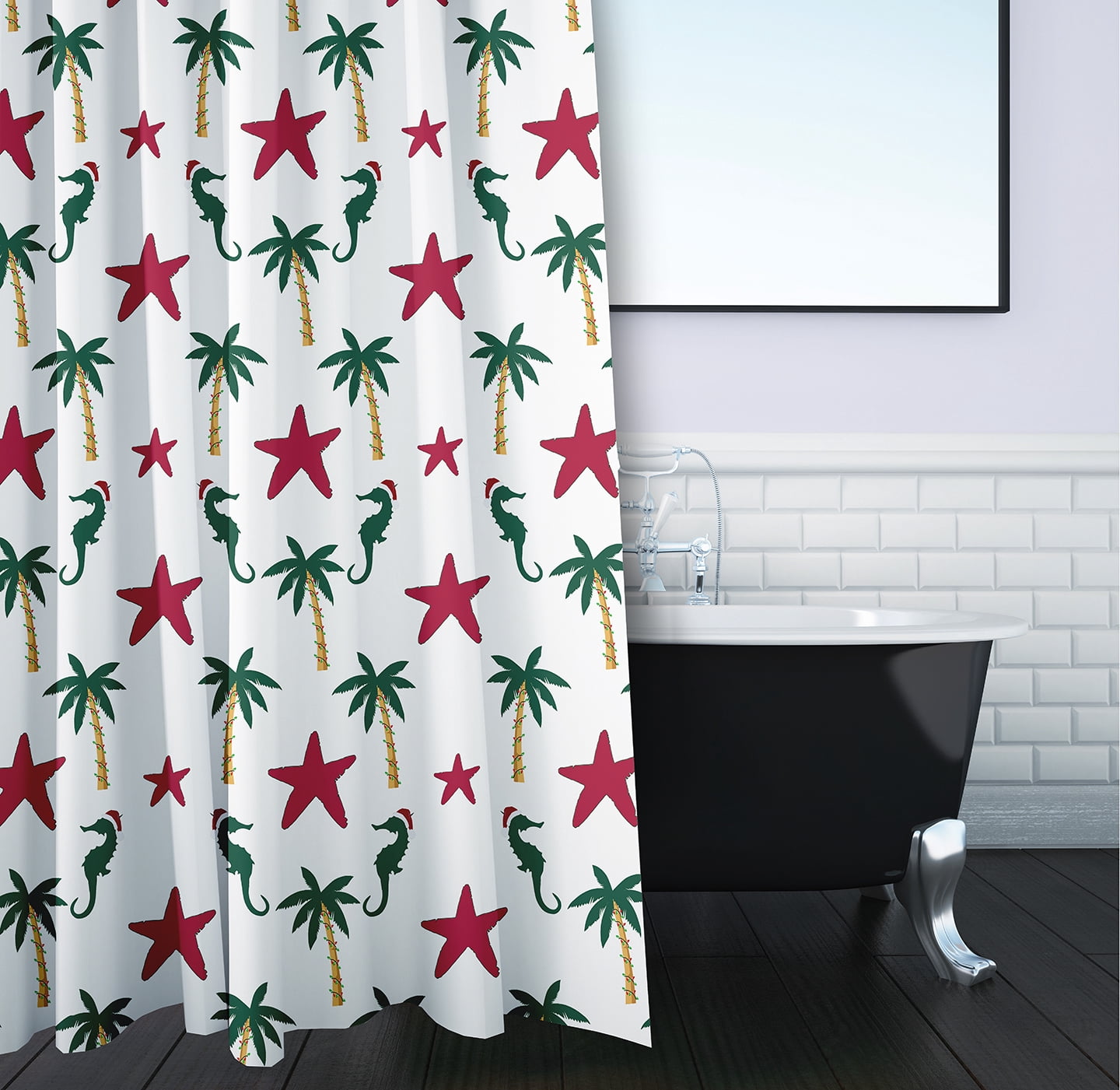Simply Daisy 70" W x 73" L Christmas Beach Pattern Polyester Shower Curtain, Christmas Pink [1 Ct]
