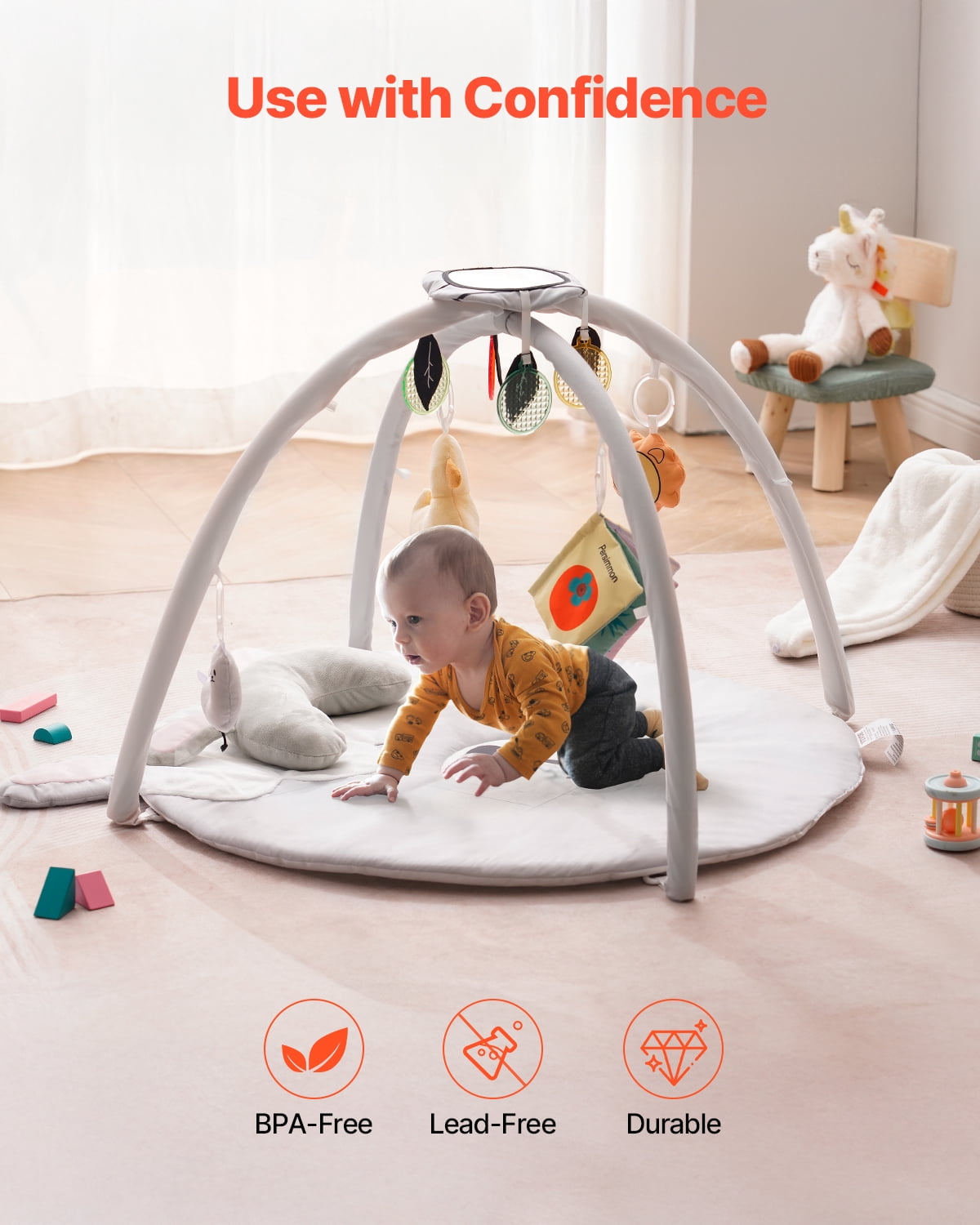 VEVOR Baby Play Gym Mat, Tummy Time Mat with 5 Sensory Toys, Baby Activity Mat with Light-up Musical Duck Toy for 0-18 Months Newborn Infant, Baby Essential Gift for Sensory & Motor Skill Development