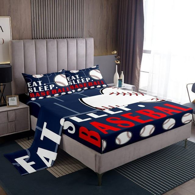 Baseball Sheets Full Size Bed Set Sports Bedding Sets for Boys Girls Baseball Bed Sheets Baseball Ball Games Sheet Set Baseball Room Decor Fitted Sheet for Boys Teen Flat Sheet 4 Pcs Navy Blue White