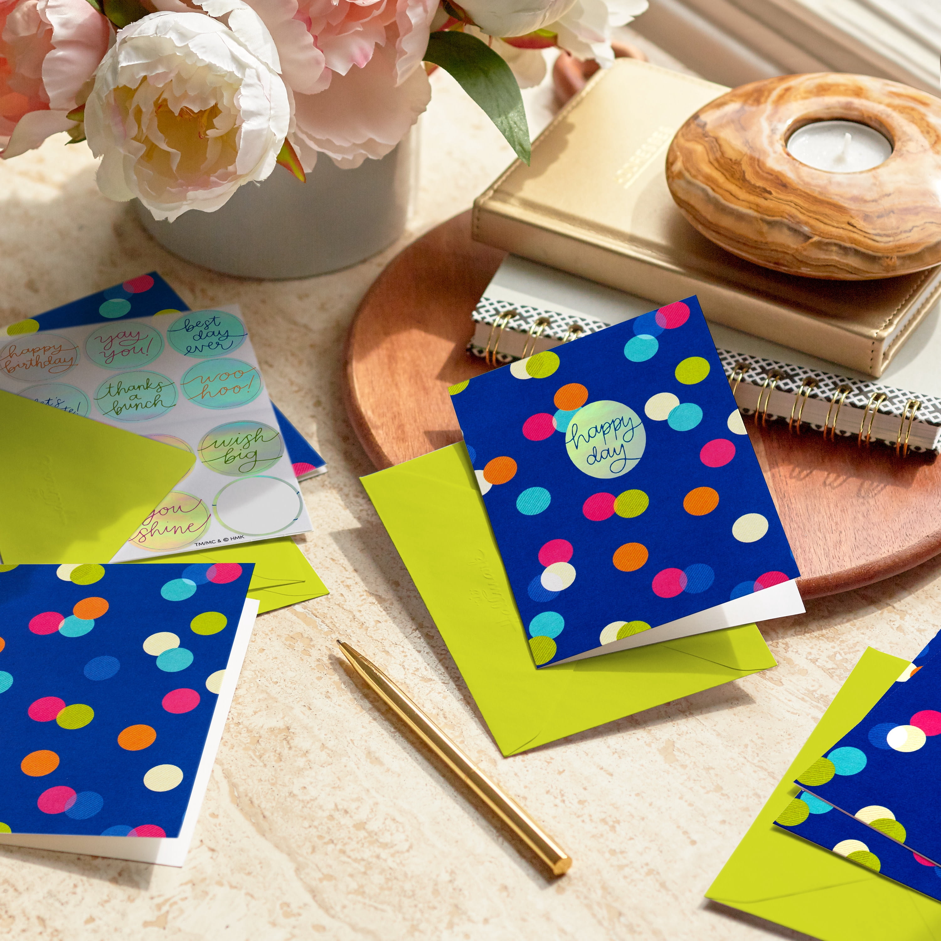 Hallmark Blank Notes With Message Stickers (Colorful Dots Blue), 12 Count