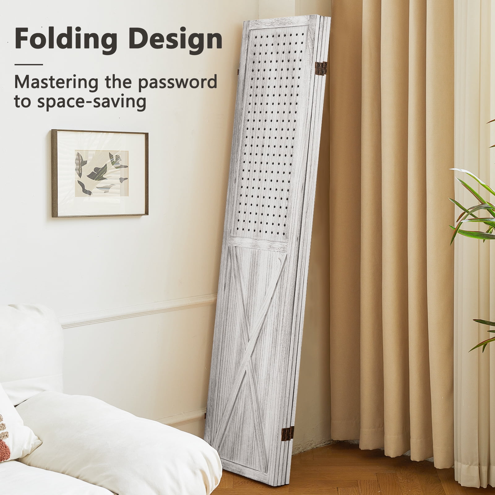 Aletheiawu 4 Panel Wood Room Divider, Folding Privacy Screens,No Installation Required, White