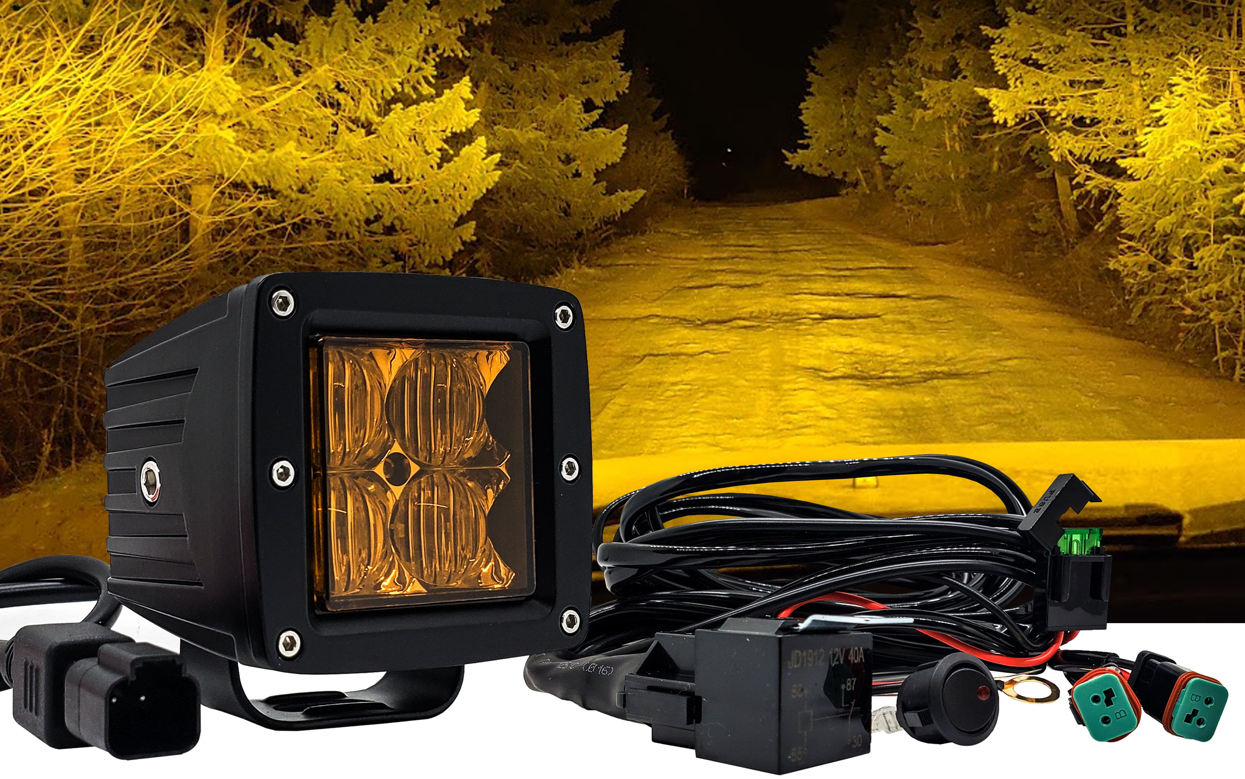 OZ-USA 4D Series 3" High Intensity Amber Pod LED Ditch Fog Lights Flood Beam Plug and Play Harness for Offroad Truck ATV X3 Can-Am UTV RZR
