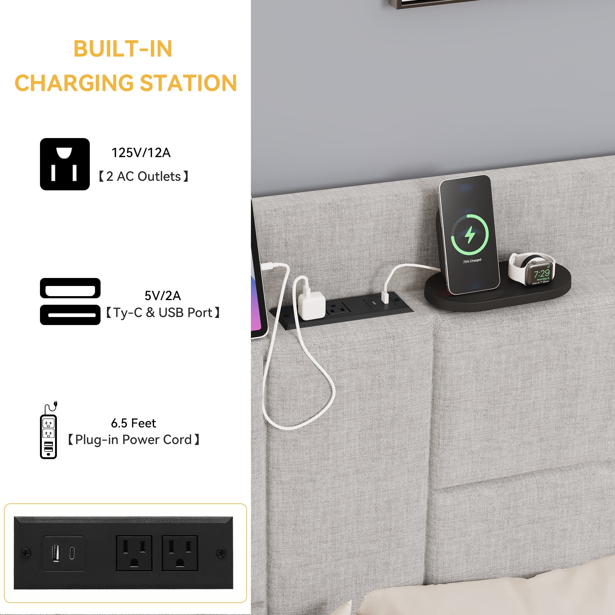 Dextrus Queen Bed Frame with USB Charging Station, Linen Upholstery, Tall Headboard, No Box Spring Needed, Sturdy Wood Slats Support - Beige