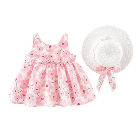 Deals Clearance under 5.00 Lindreshi Baby Girl Clothes Clearance Toddler Kids Baby Girls Summer Floral Print Dress+Hat Two-piece Suit Princess...