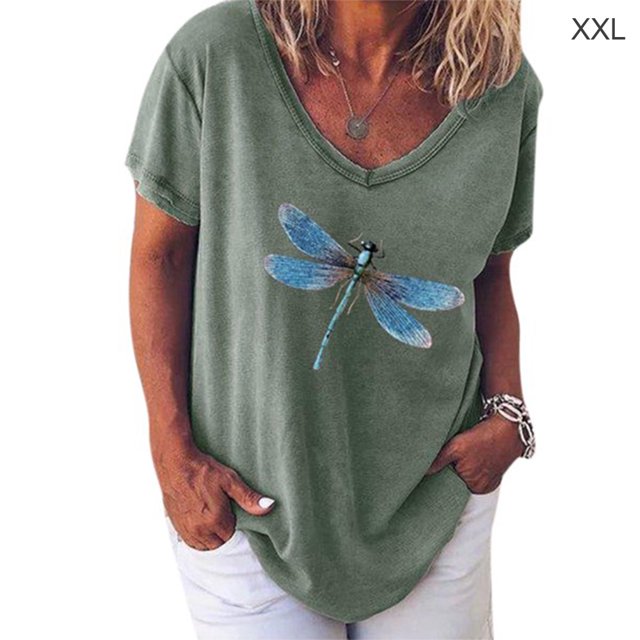 Minnieouse - Camisetas de manga corta para mujer, talla grande, informales, con cuello en V, blusas sueltas Prendas para la parte del cuerpo Verde XXL Minnieouse AP002002-13