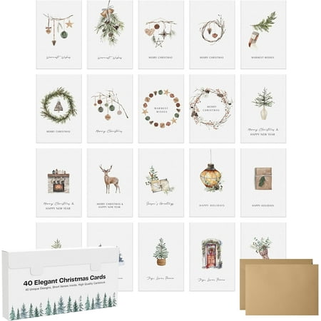 Rustic Christmas Cards Boxed Set, 40 Count 4” x 6” Farmhouse Coastal Holiday Cards with Kraft Envelopes and Stickers, Bulk Variety Pack