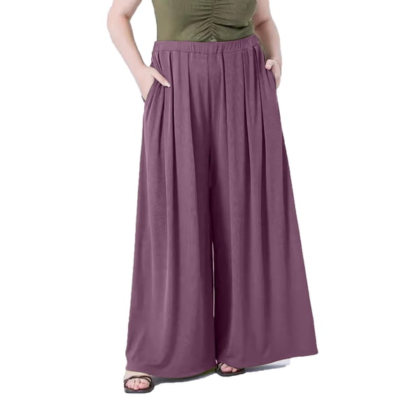Lenpel Women's Plus Size Culottes Pants Ribbed Wide Leg Elastic Waisted Trousers Flowy Palazzo Pants with Pockets
