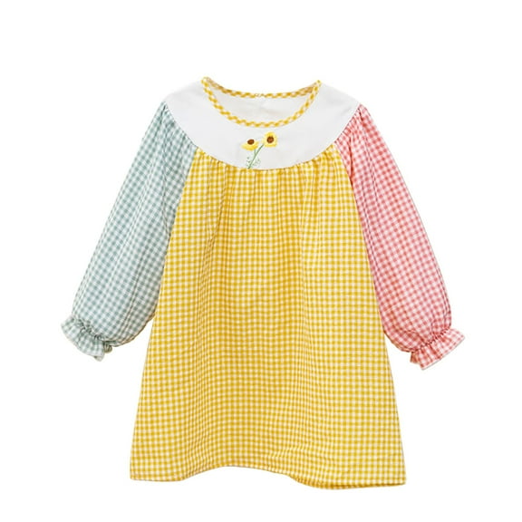 XQYLOS Clearence Girls’ Long Sleeve Embroidery Dress Tri-Color Striped Patchwork Design Spring Summer Casual Dresses for Kids Photo Everyday Wear (4-5 Years,Yellow)