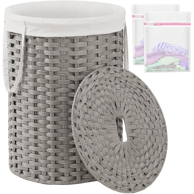 Large Laundry Hamper Laundry Basket Round Gal L) Handwoven Wicker Laundry Baskets Rattan Laundry Basket with Laundry Bag Handles Mesh Bags for Living Room Bedroom