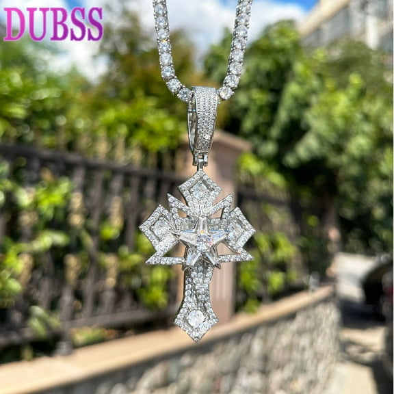 Dubss Iced Out Star Cross Necklace Pendant for Men Prong Setting Cubic Zirconia Hip Hop Jewelry