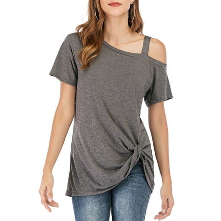 LELINTA Women's One Cold Shoulder Knotted Skew Neck Short Sleeve T Shirts Dark Grey Tee Tunic Tops, (Best Way To Get Knots Out Of Neck)