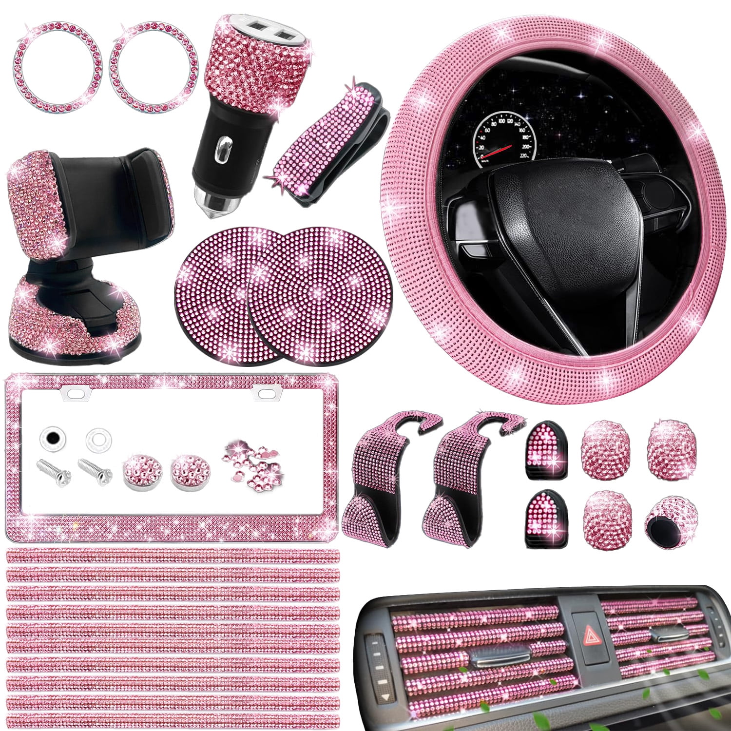 AIRKOUL 27 Pcs Bling Car Accessories Set for Women, 15 Inch Steering Wheel Covers, Universal Reinestone Vehicle Decorations, Pink