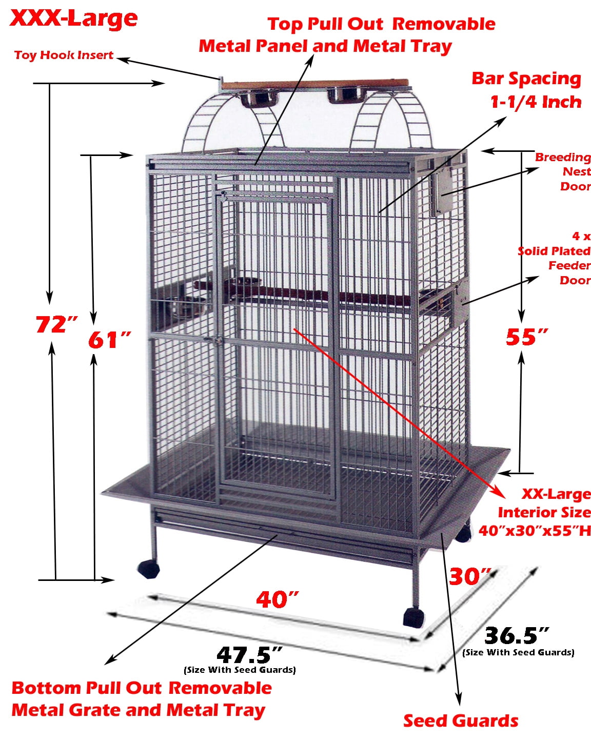 XXX-LARGE 40" x 30" x 72"H Elegant and Durable Wrought Iron Bird Parrot Rolling Cage Open Play Top Perch Stand Double Ladders Toy Hook With Seed Guard