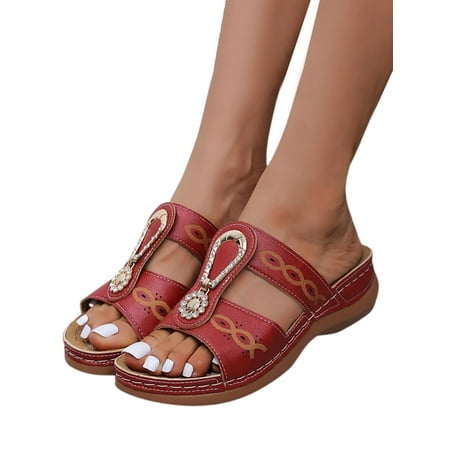 

PMIYS Womens Summer Wedge Heel Rhinestone Slip On Slippers Casual Comfy Outdoor Beach Walking Sandals Shoes