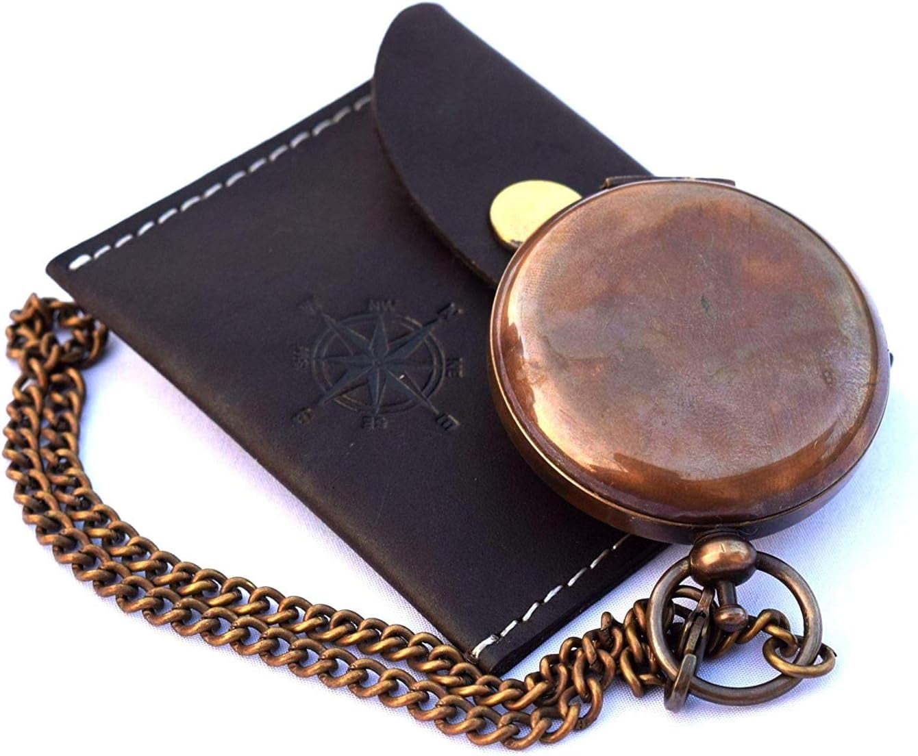 Handmade Nautical Brass Push Open Compass On Chain with Leather Case, Pocket Compass, Gift Compass Rustic Vintage Home décor Gifts