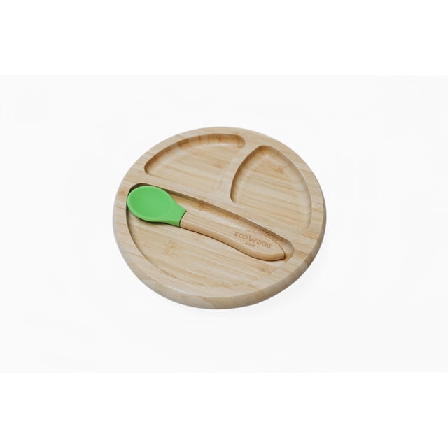 Plato Extendido Ecowood de Bambú y Base de Silicona con Divisiones para Bebe y Niño Ecowood Plato y cuchara de bambú