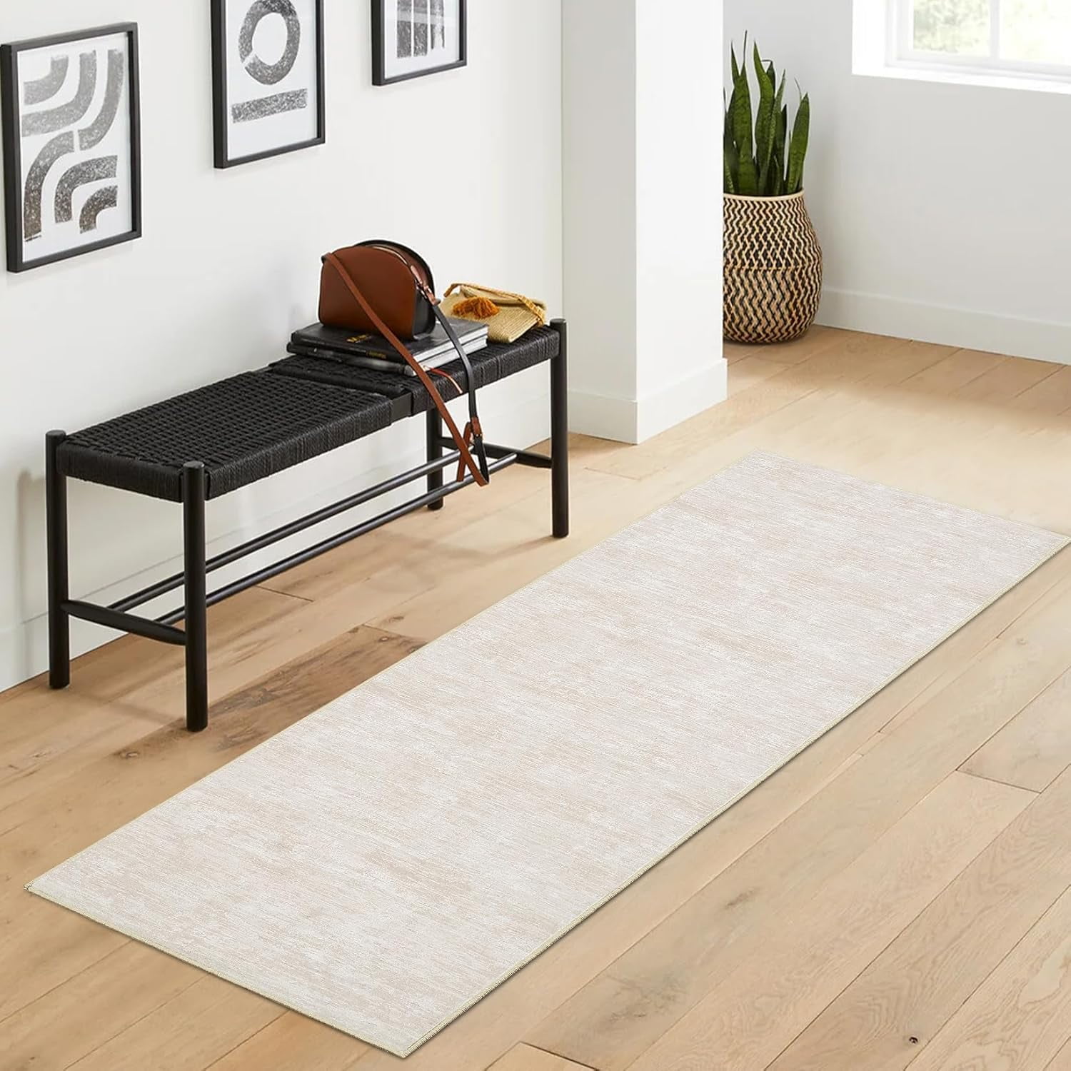 Shininglove Washable Runner Rugs 2' x 6' Modern Abstract Plain Texture Living Room Carpet, Contemporary Non-Slip Accent Floor Mat for Kichen Entryway(Beige)