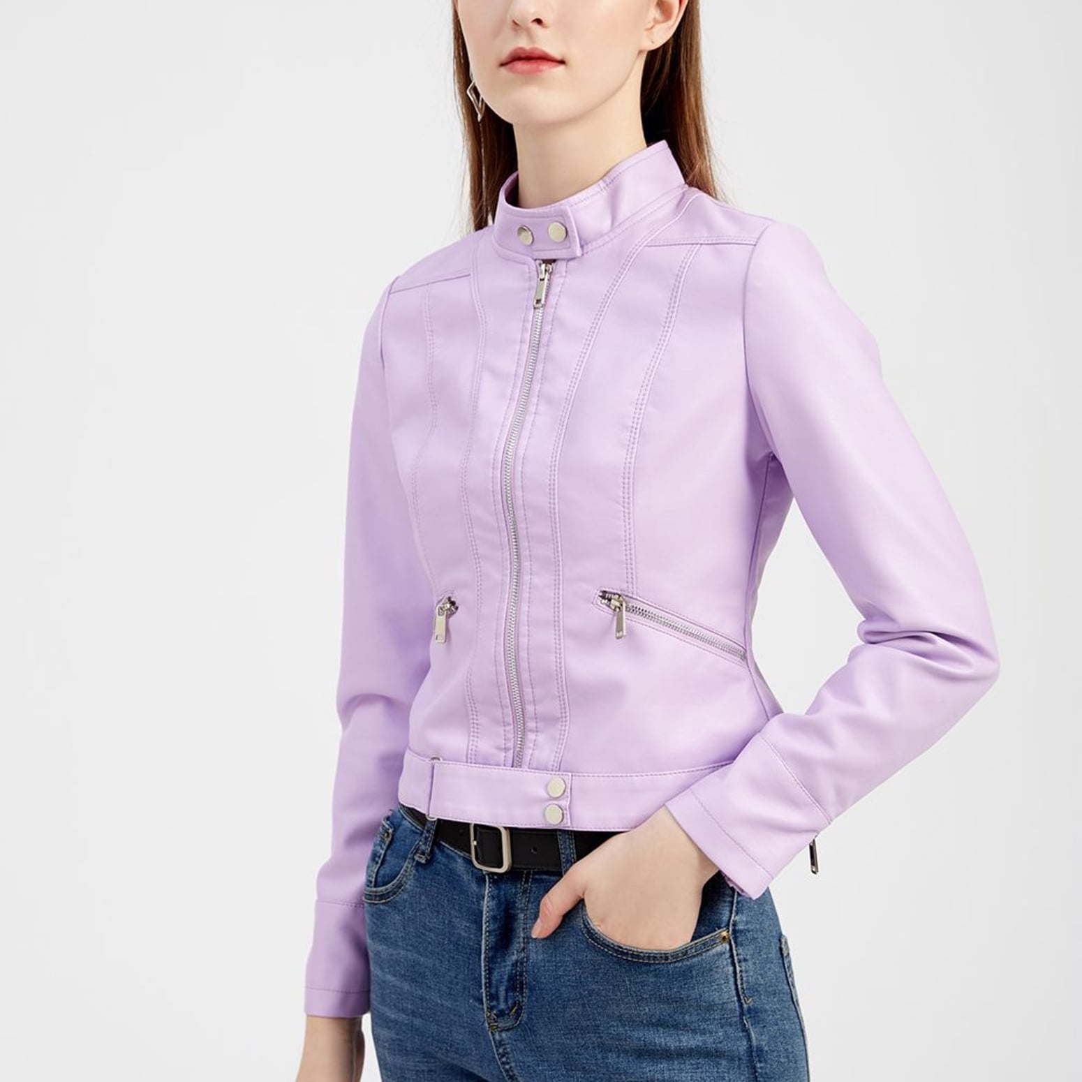 Defitshape Women's Faux Leather Jacket Winter Fashion Crop Moto Jackets & Coats Long Sleeve Fall Top Mock Neck Zipper Pocket Full Zip Short Jacket Pink X-Large