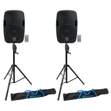 (2) Rockville BPA10 10 Powered 400 Watt DJ PA Speakers+Crank-Up Speaker Stands
