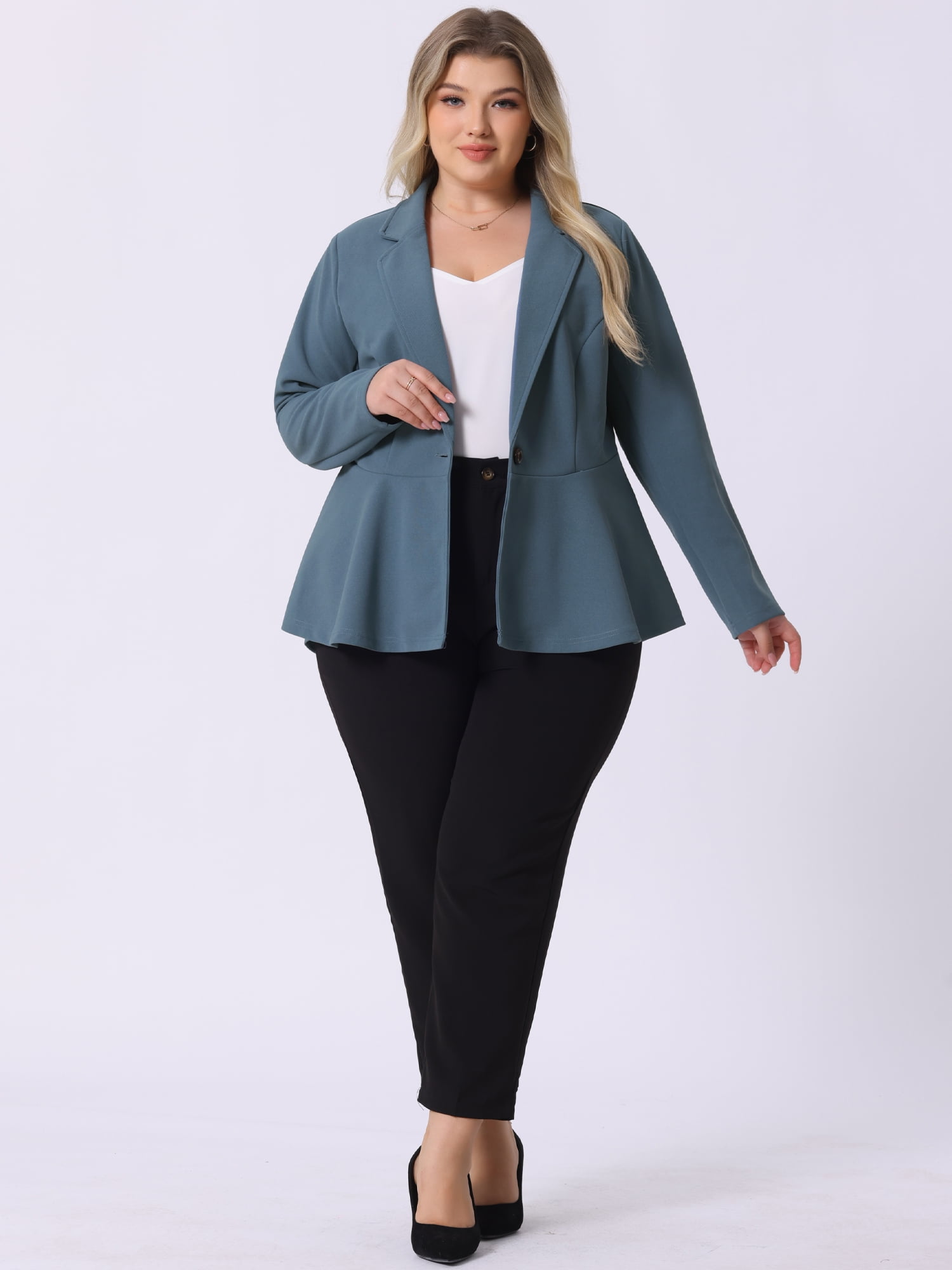 Women's Plus Size Blazer Notch Panel Work Business Casual Suit Jacket 4X Grey Blue