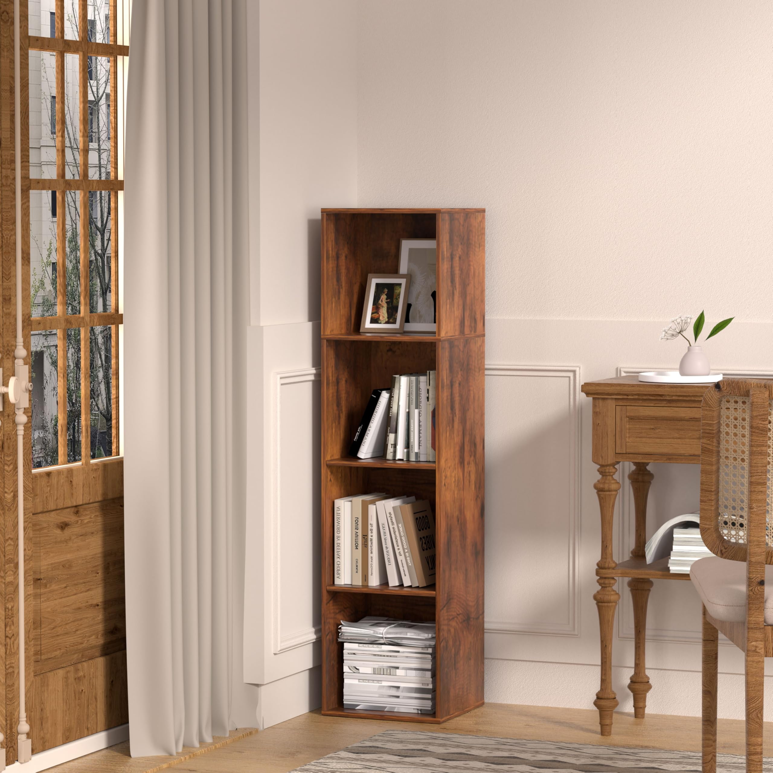 VAFHYLLIS Brown 4 Cube Storage Organizer, 4 Tier Cube Bookcase Freestanding Storage Display Organizer for Home Office, Four Cubes Open Shelf Bookshelf