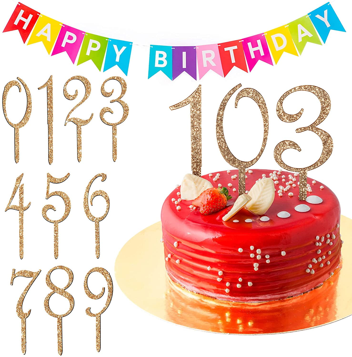 Happy 40th 50th 60th Cake Topper Gold Birthday Cake Topper Glitter Cake Topper 
