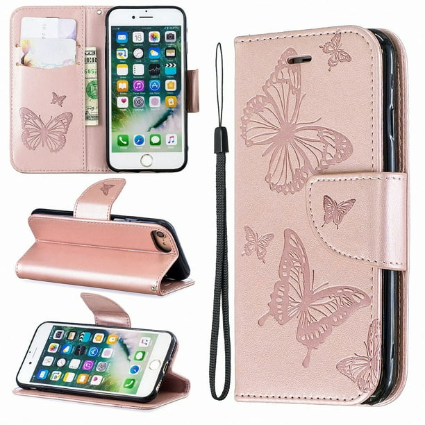 iPhone 8 Wallet Case, iPhone 7 Case, Dteck Embossed Butterfly Flip PU