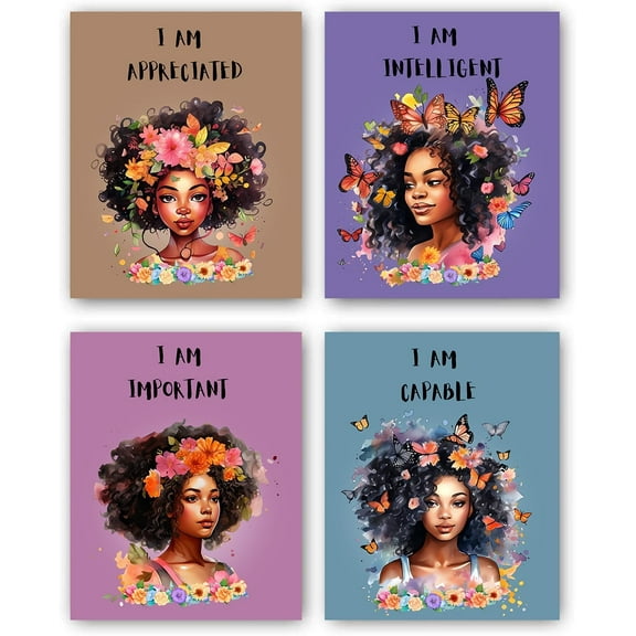 African American Girl Canvas Art Poster,Black Girl Wall Art,Motivational Black Girl Wall Art,Inspiring Black Women's Print, Adolescent Girls Bedroom Decoration,Set of 4 (8"x10" Unframed