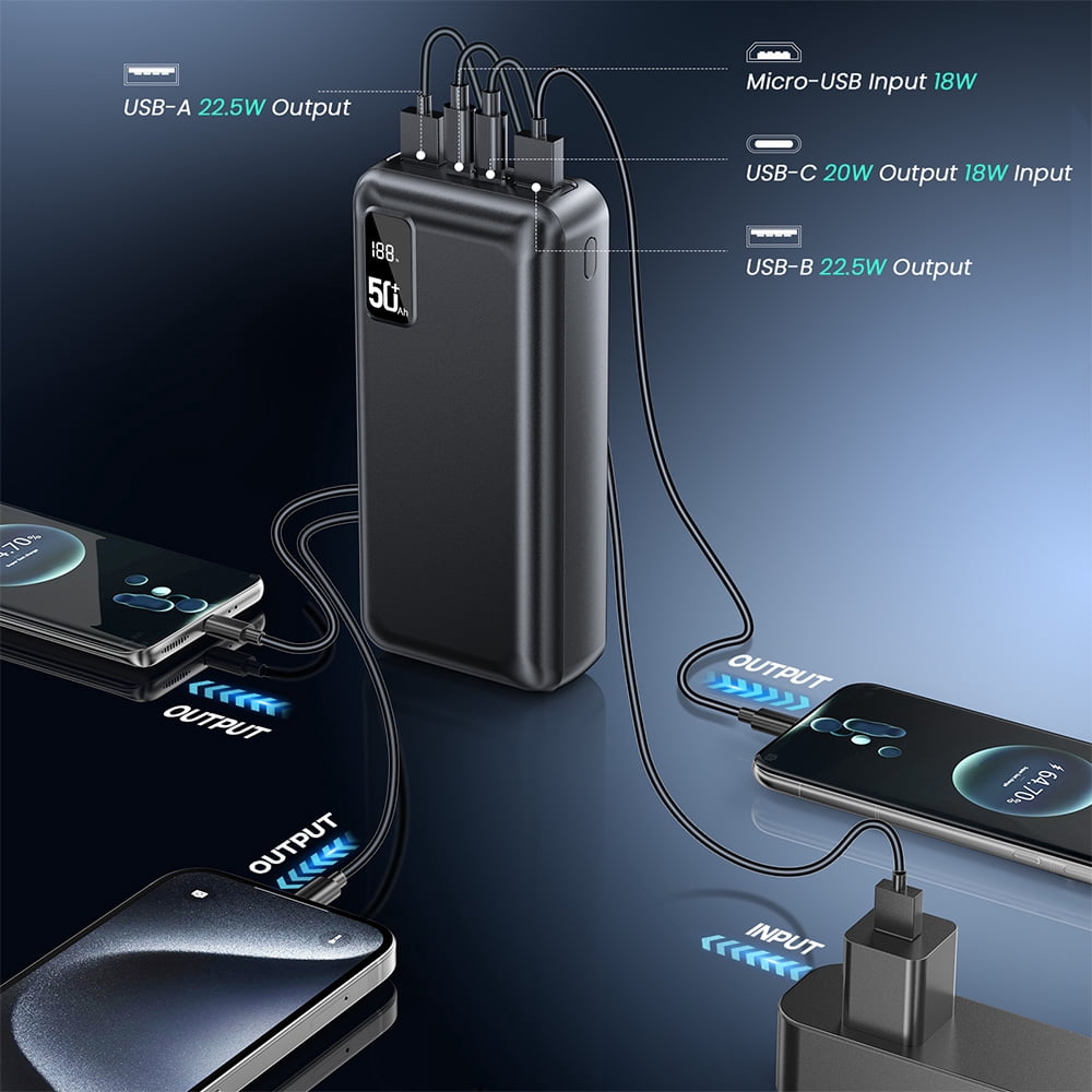50000mAh Power Bank 22.5W Fast Charging Portable Charger USB-C Quick Charge with 3 Outputs & 2 Inputs LED Display Huge Capacity External Battery Pack for Most Electronic Devices on The Market