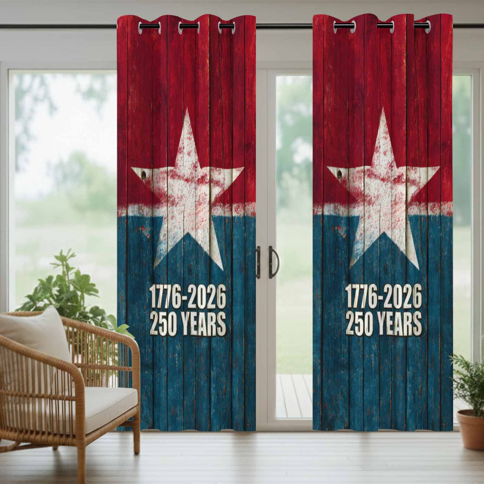 Years Independence Day Outdoor Curtains for Patio, USA Flag Retro Wood Grain Star Sunshade Privacy Drapes Grommet Waterproof Outside Curtains for Porch/Cabana/Balcony 54"x 108", 1 Panel