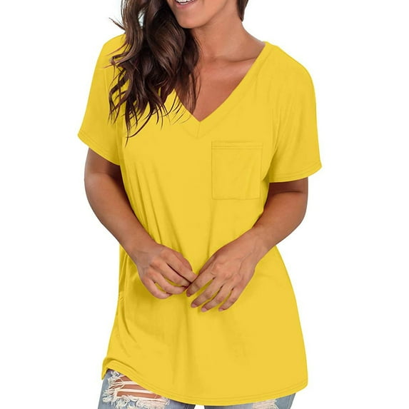 Womens Tops & T-Shirts,Women's Casual Comfort V-Neck Solid Pocket Loose Fit Short Sleeve Shirt Tops