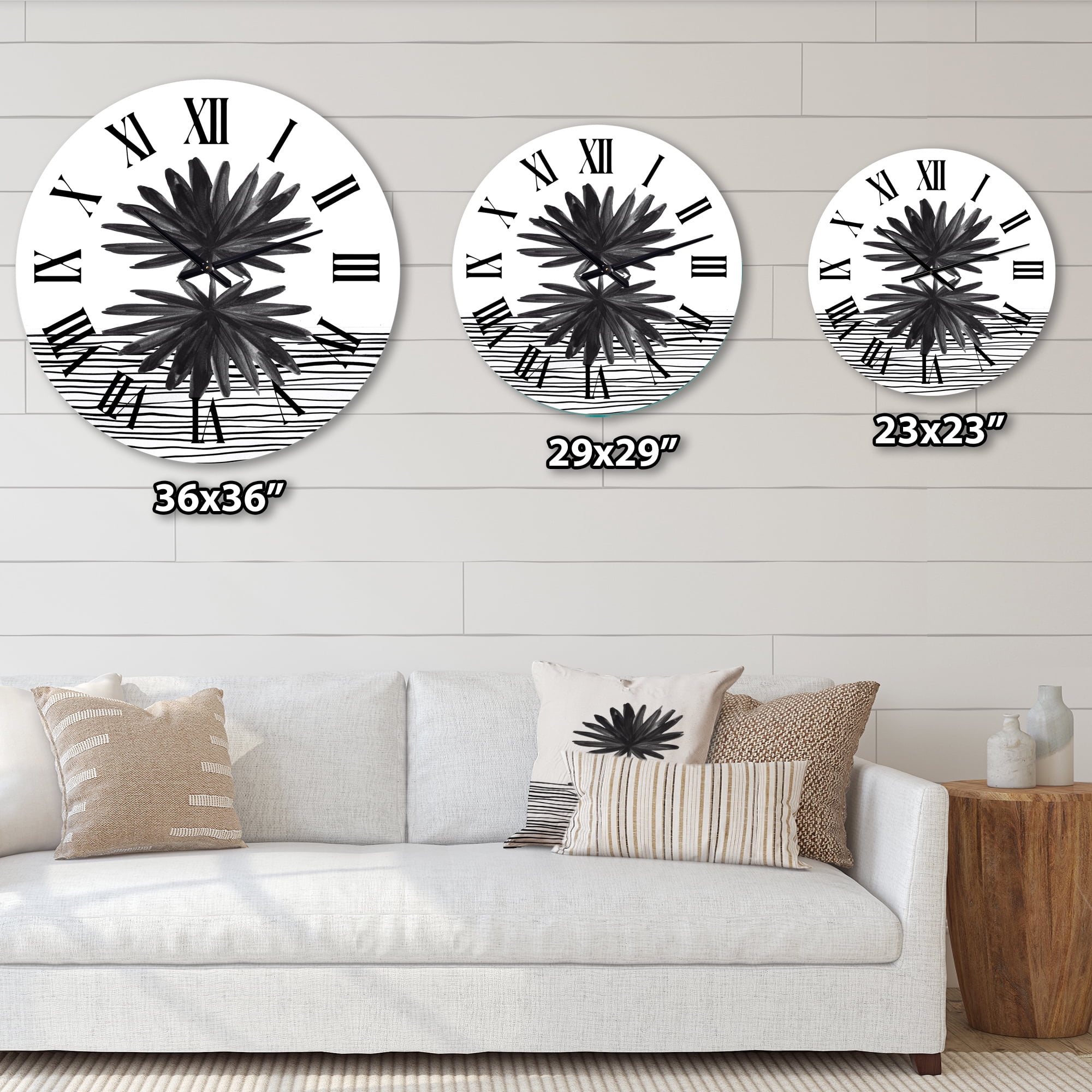 Designart 'Black And White Tropical Leaf On Striped Ii' Modern Wall Clock