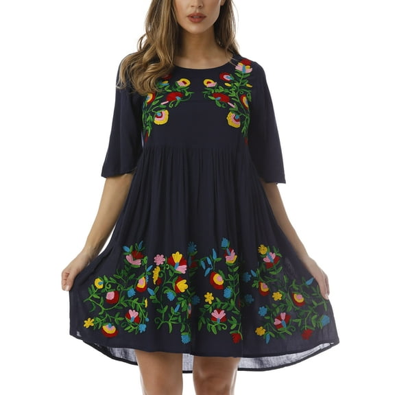 Riviera Sun Rayon Crepe Short Dress with Multicolored Embroidery (Navy, Small)