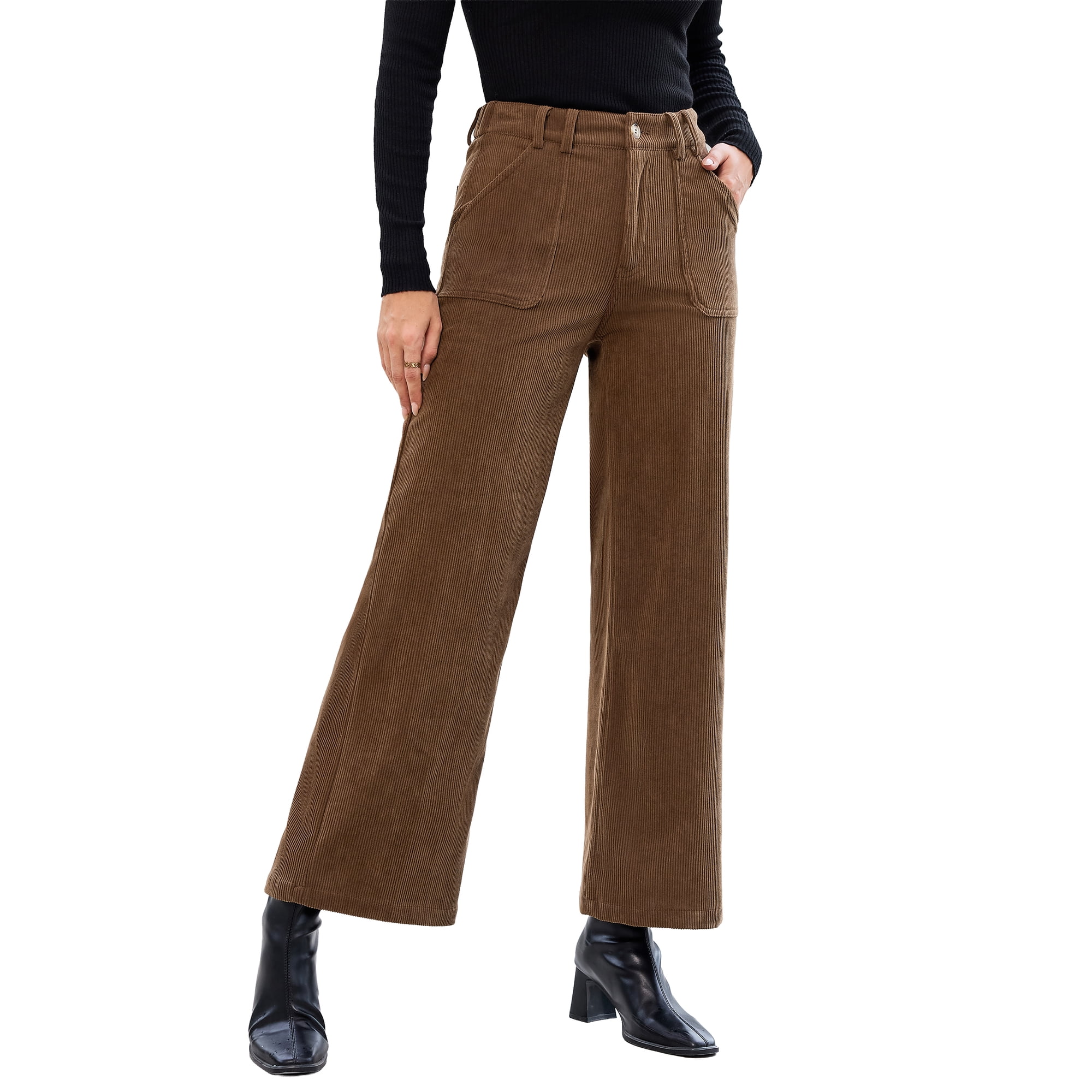 DOKOTOO Corduroy Pants for Womens High Waisted Straight Leg Pants Button Casual Relaxed Fit Fall Winter Trousers with Pockets S-2XL