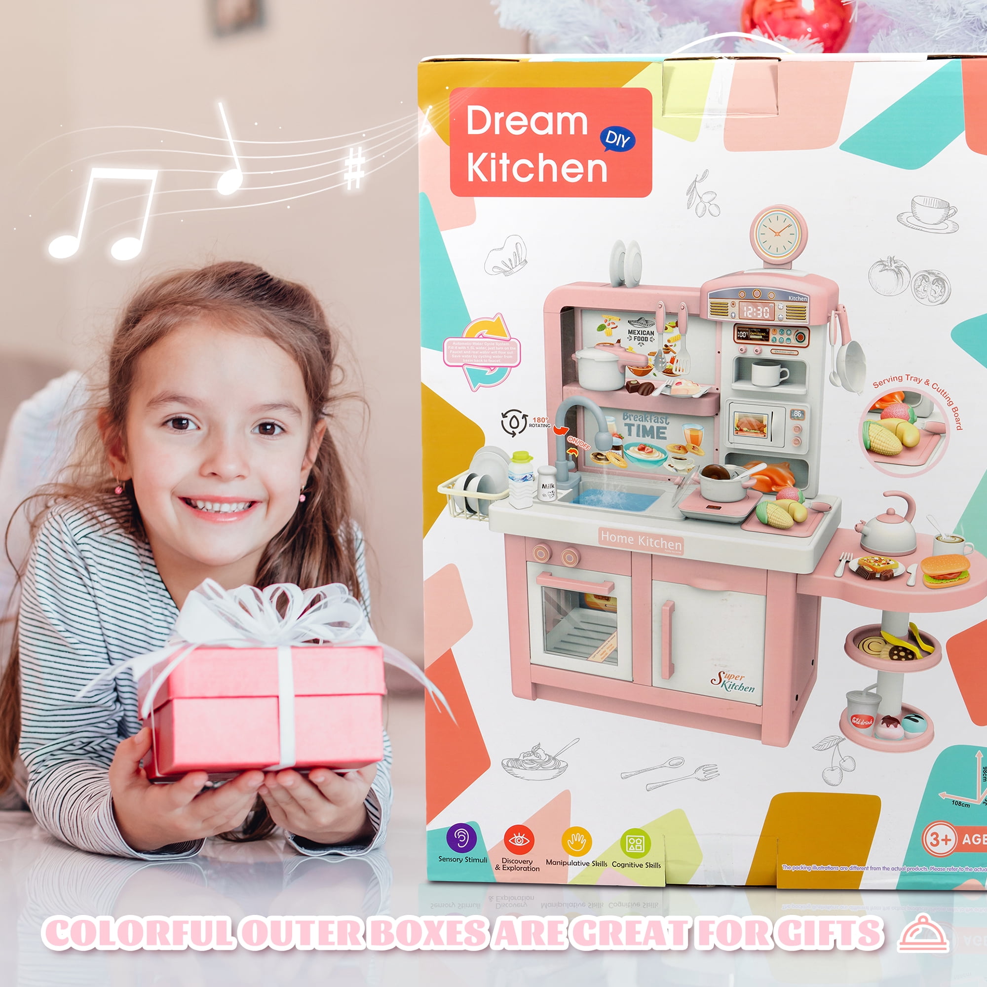 Signature Fitness 49-Piece Toddler Kitchen Playset，Pretend Food，with Stove, Sink, and Accessories, Interactive Lights & Sounds, Ideal for Ages 3+