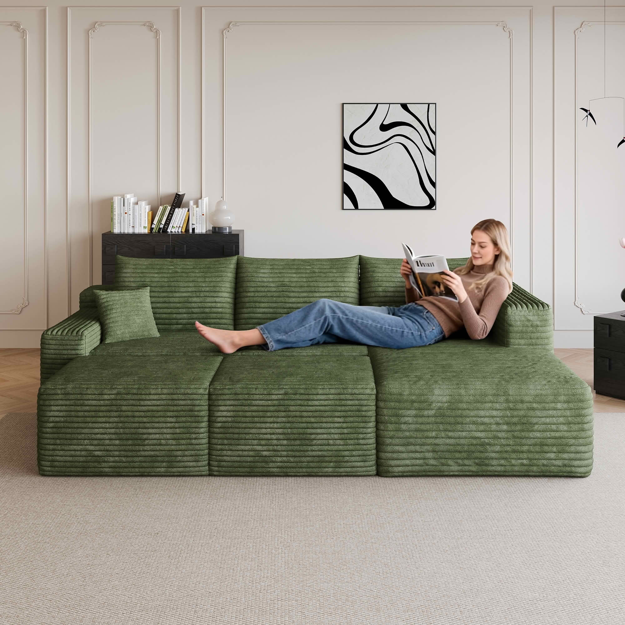 MAYEERTY 95 Inch Cloud U Shaped Sectional Sofa with 2 Ottomans, Plush Corduroy Deep Seat Corner Couch, No Assembly Minimalist Sofa for Living Room Apartment
