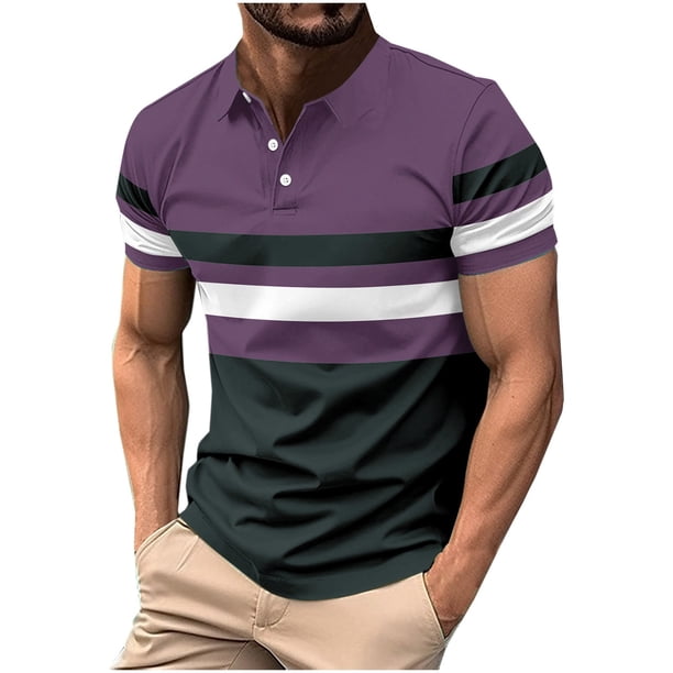 pstuiky Camisa de manga corta para hombre, Blusa informal de manga corta con cuello vuelto y botones con costuras a rayas para hombre camisas casuales para hombre l