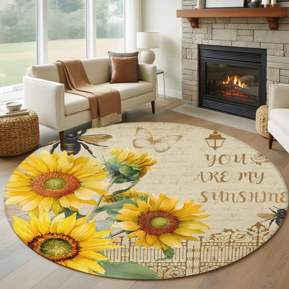 Round Area Rug 7 Ft, Vintage Yellow Sunflower Washable Non-Slip Circle Carpet for Living Room/Bedroom, Watercolor Botanical Retro Floral Low-Profile Large Runner Mat Collection Rugs for Indoor