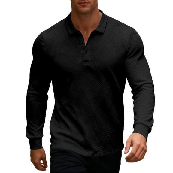 Men's Casual Lapel Polo Shirt T-Shirt Slim Fit Ribbed Long Sleeve Base Shirt for Men, Ideal for Casual Wear and Base Layer Outfits,Black,S
