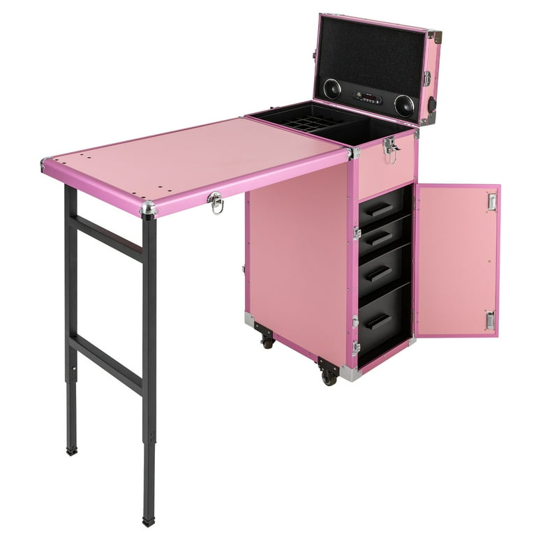 Pink Rolling Manicure Desk Makeup Train Case, Travel Cosmetic