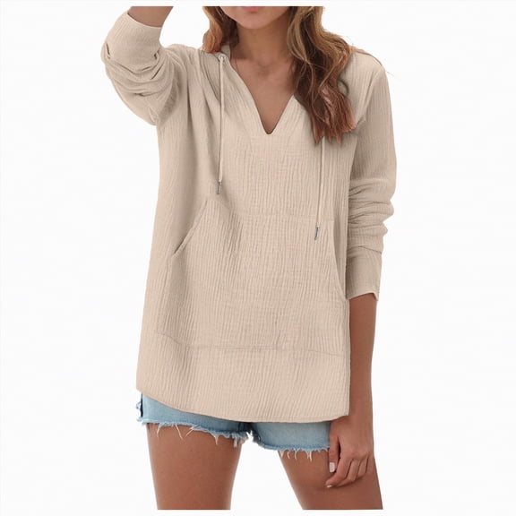 Towmus Women Lightweight Hoodies 2025 Fall Trendy V Neck Hooded Sweatshirt Pullover Tops Oversized Loose Shirts for Fall with Pockets