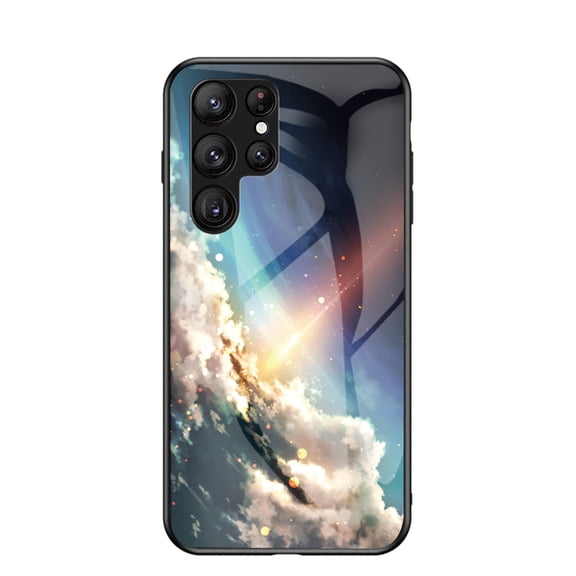 Compatible with Samsung Galaxy S23 Ultra Case,Cute Starry Sky Patterned Fashionable Tempered Glass Back with Soft Silicone Bumper Lightweight Protective Phone Case,Sparkling