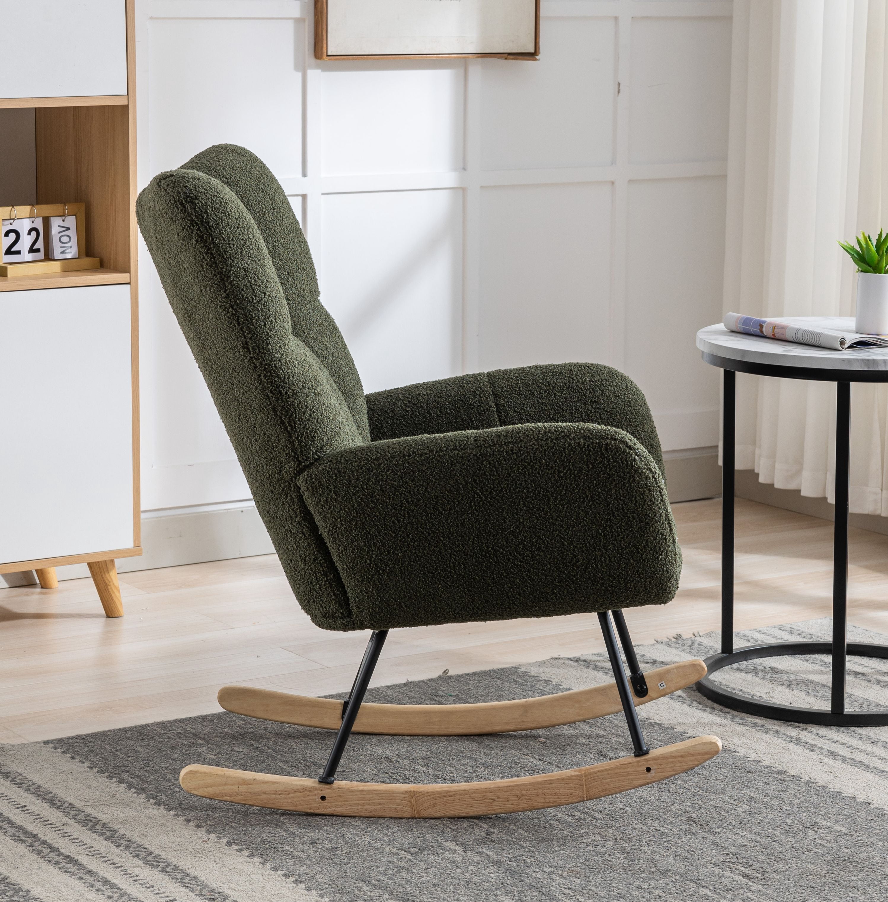 Rocking Chair Nursery,Teddy Upholstered Glider Rocker with High Backrest,Modern Rocking Accent Chairs Glider Recliner for Living Room, Nursery, Bedroom,Dark Green