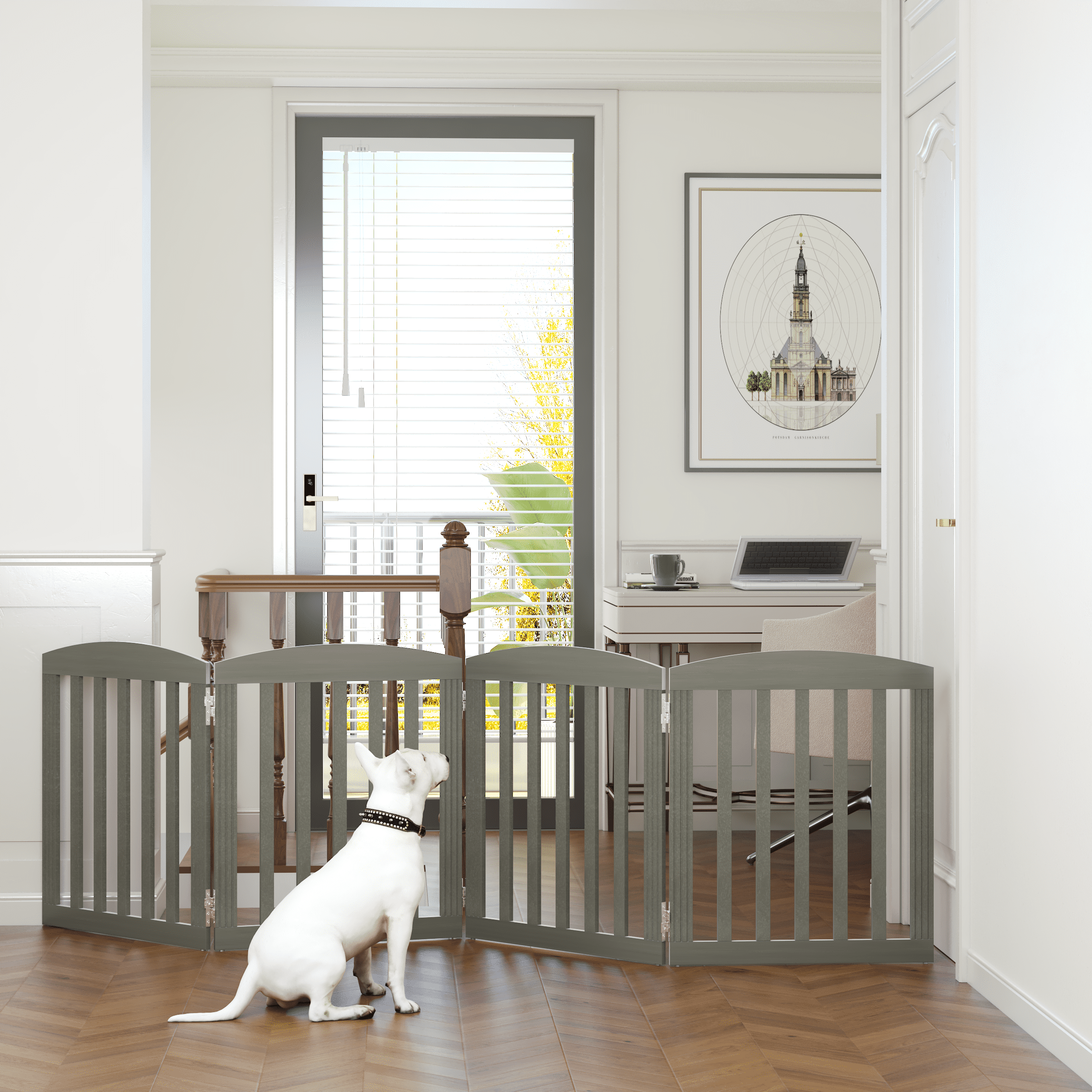 STAROUS 96" Extra Wide 28" Tall Foldable Dog Gates, Wooden Freestanding Pet Gate Indoor, Step Over Puppy Fence, 4 Panels, Grey
