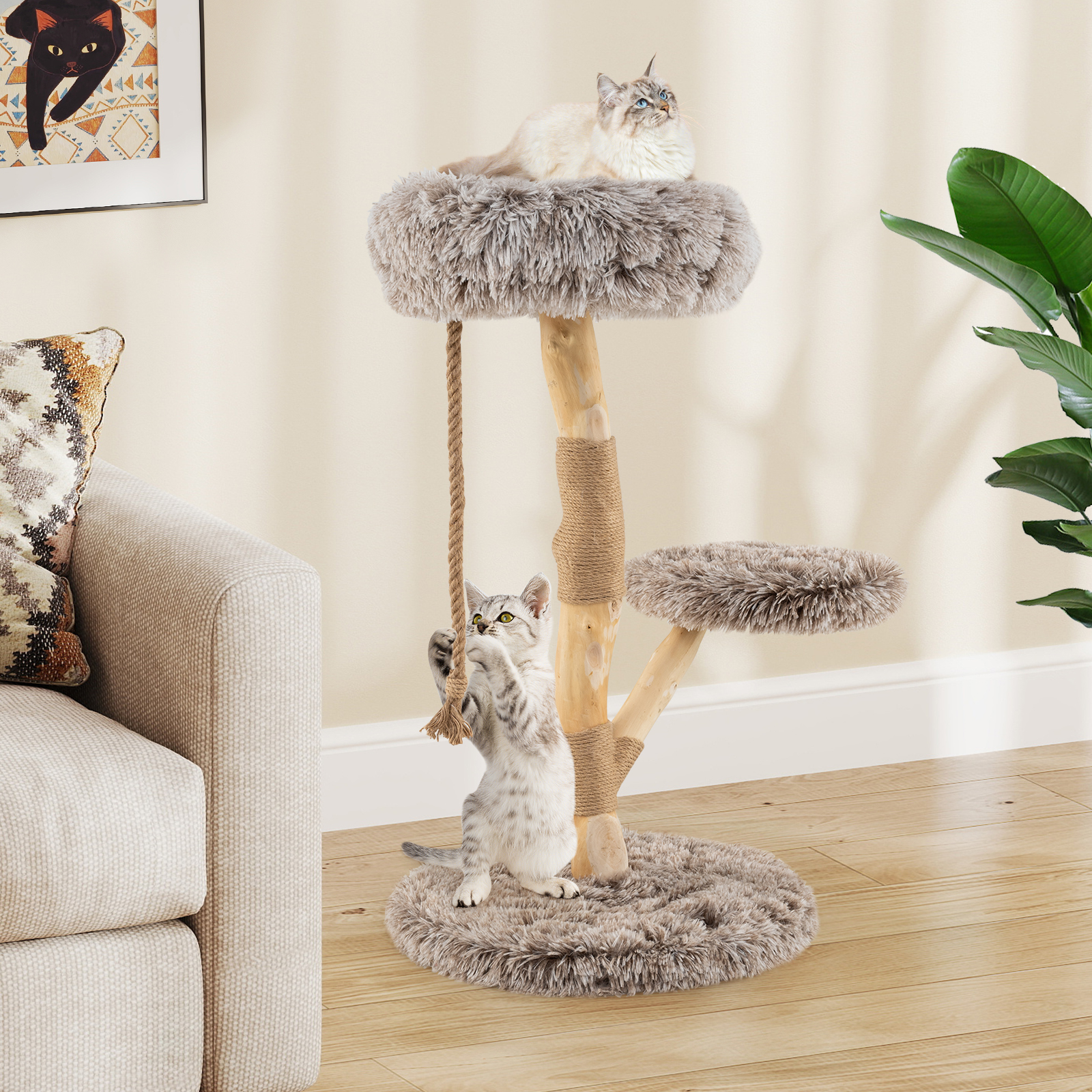 Gymax Solid Wood Cat Tower Modern Cat Scratching Tree w/Luxurious Perch Teasing Rope