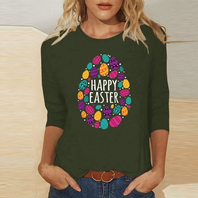 EGNMCR Easter Chemises Imprimées pour Femmes T-Shirts Graphiques pour Femmes Mode Femme Décontractée Impression de Noël Col Rond Blouse Imprimée Manches 3/4 T-Shirt Blouses T-Shirts pour Femmes